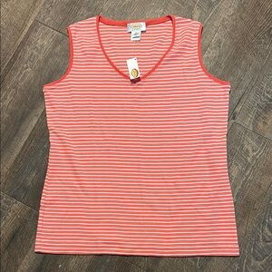 Talbots Womens Size X Coral White Striped Knit Tank Top‎ NWT V Neck